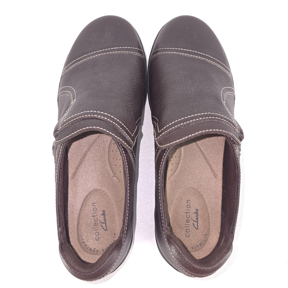 Clarks Collection Cora Poppy Leather Slip-On Shoes 8W Dark Brown Tumbled Comfort - Picture 6 of 10